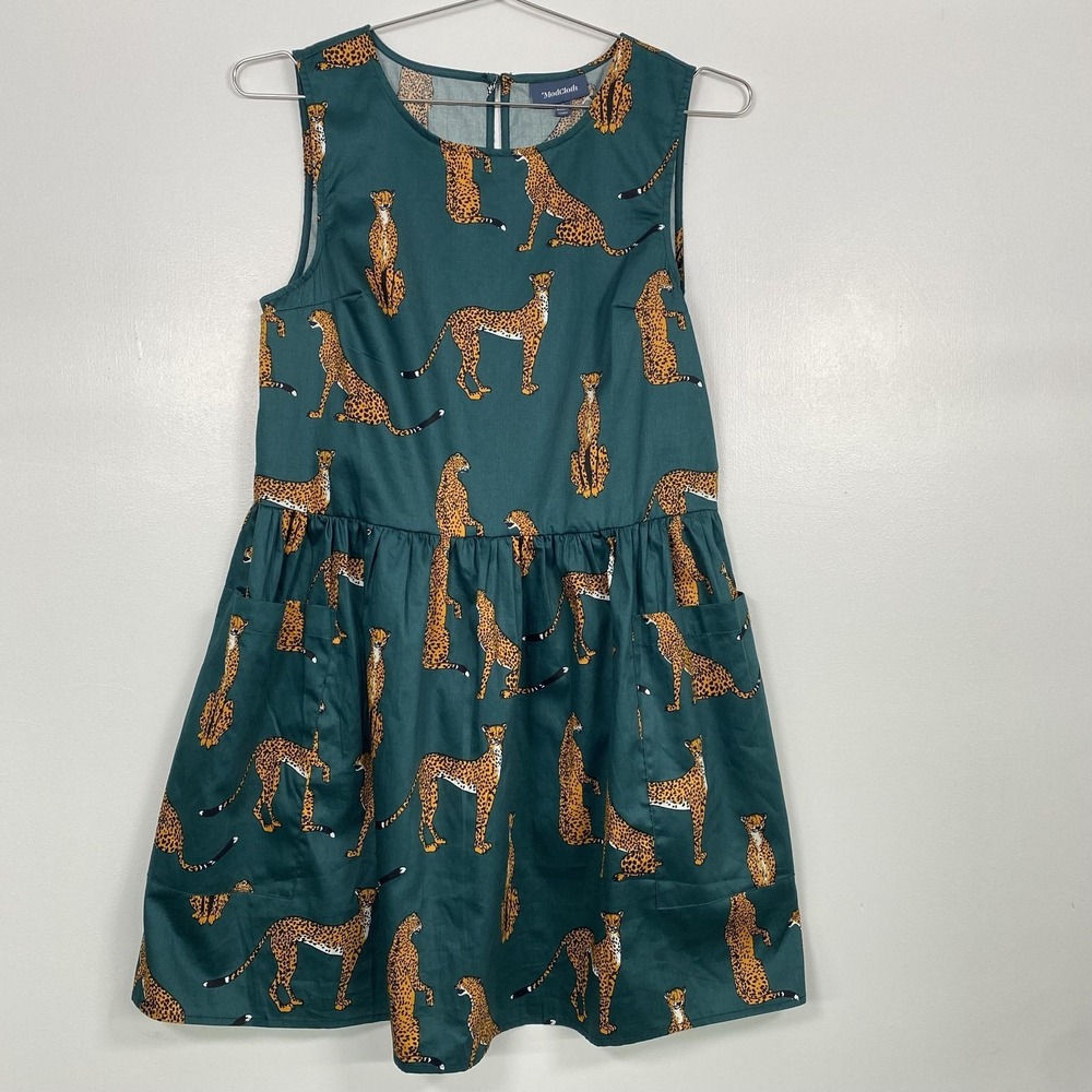 NWT ModCloth Dress Womens Small Green Cheetah AnimalPrint FitFlare Cotton Pocket - Picture 3 of 13